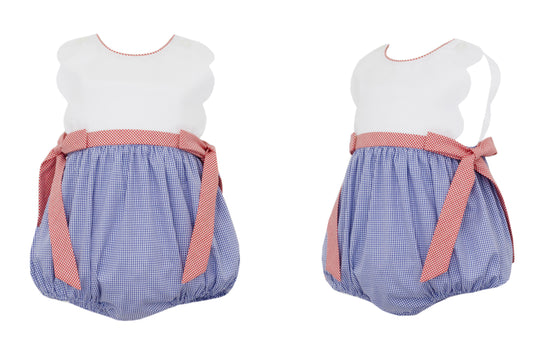 Petit Bebe Baby Girls Royal Blue Check Bubble - Red Gingham Bows at Sides