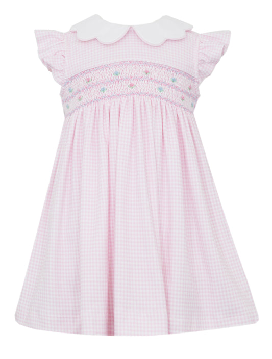 Petit Bebe Knits Toddler Girls Pink Gingham Smocked Dress - Scallop Collar by Petit Bebe