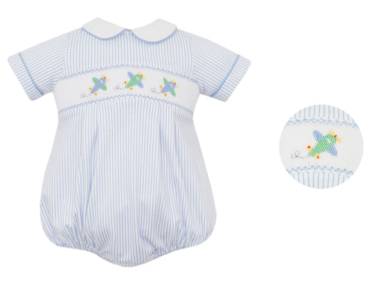 Petit Bebe Knits Baby Boys Blue Stripe Bubble - Smocked Airplanes by Petit Bebe