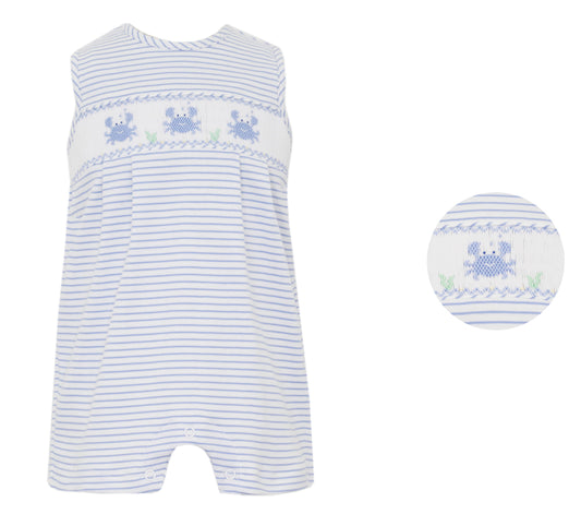 Petit Bebe Knits Baby Boys Blue Striped Bubble - Smocked Crabs by Petit Bebe