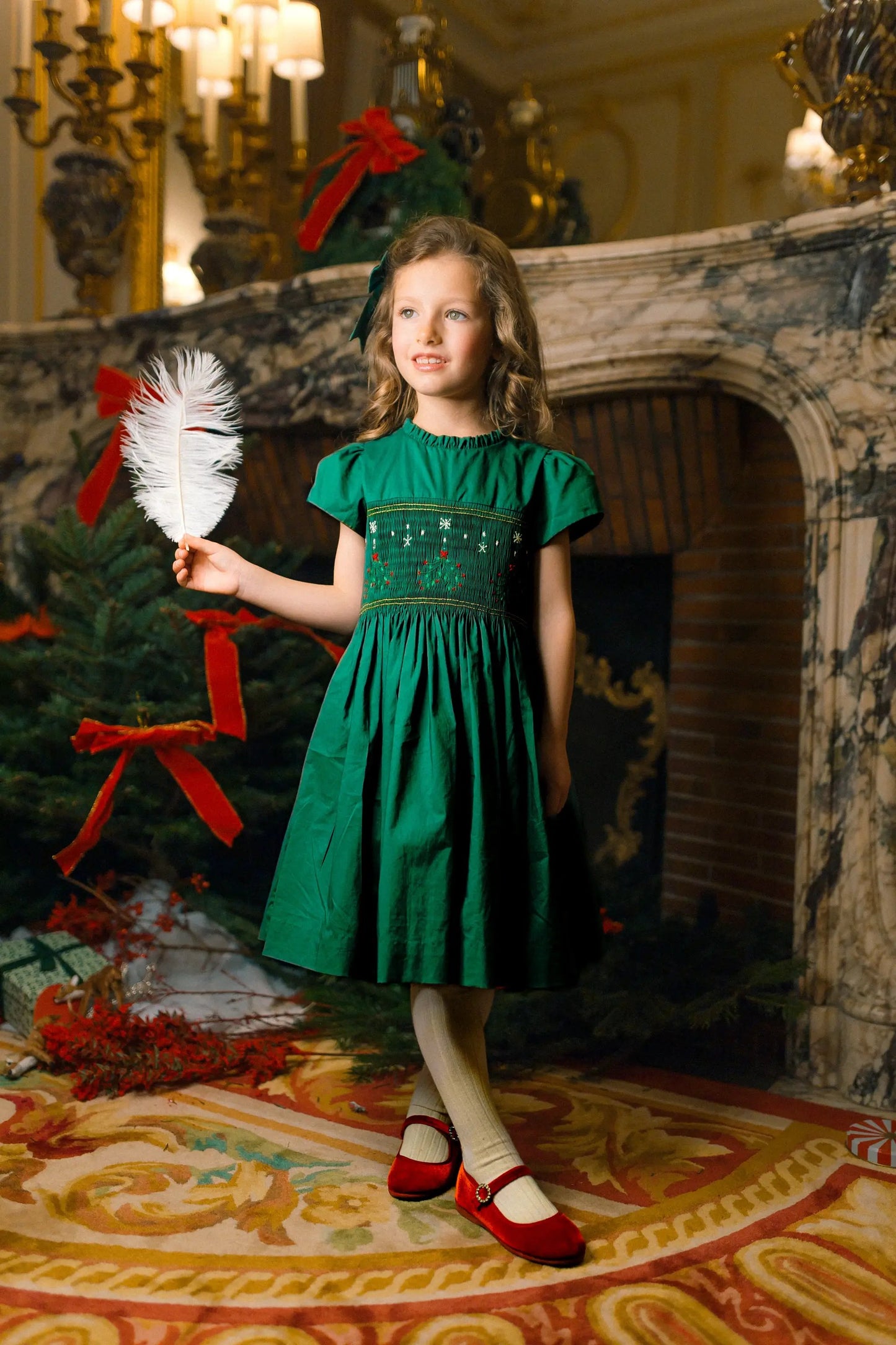 Antoinette Paris Girls Perla Smocked Christmas Dress with Bow Sash - Green by Antoinette Paris