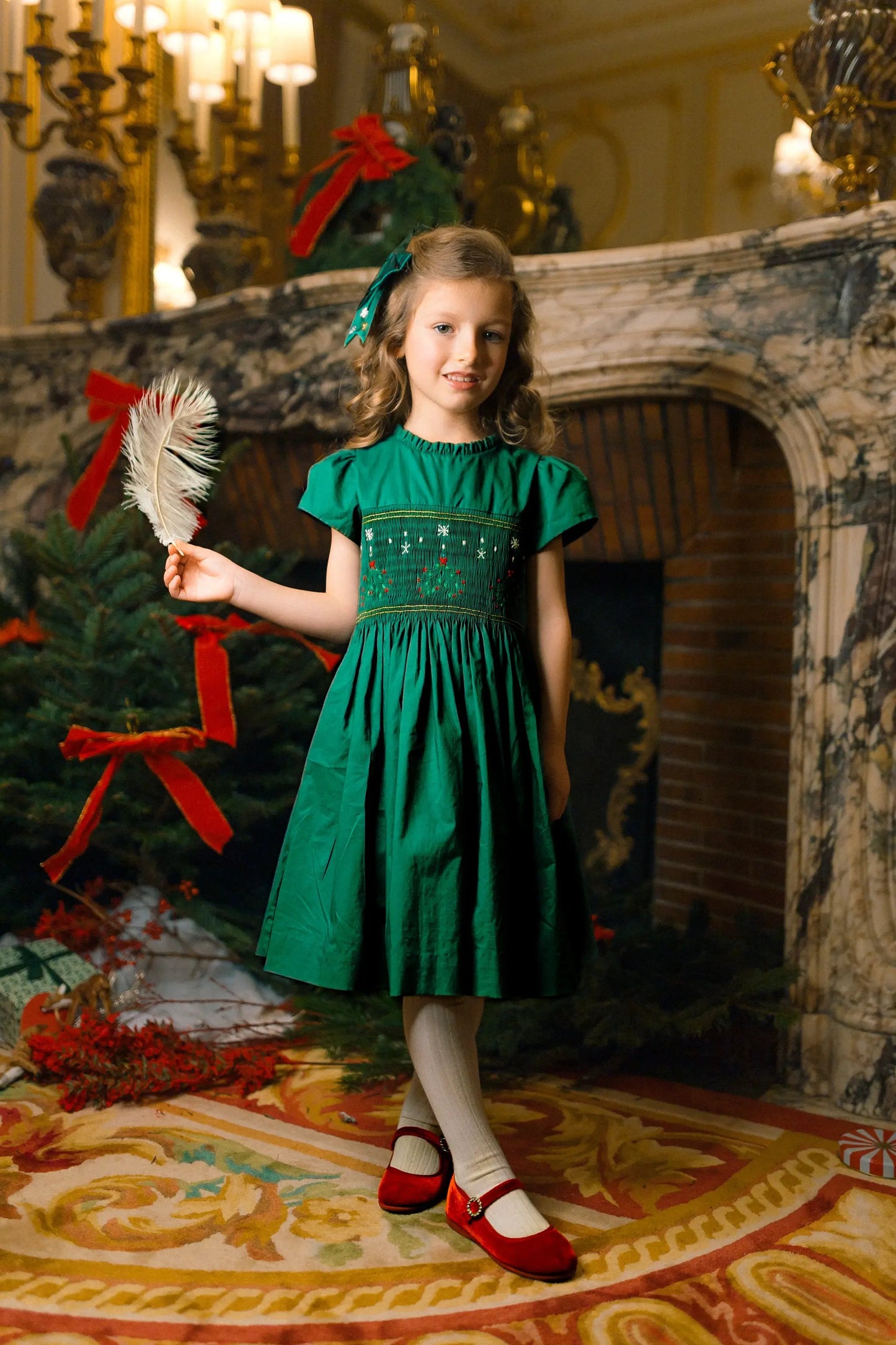 Antoinette Paris Girls Perla Smocked Christmas Dress with Bow Sash - Green by Antoinette Paris
