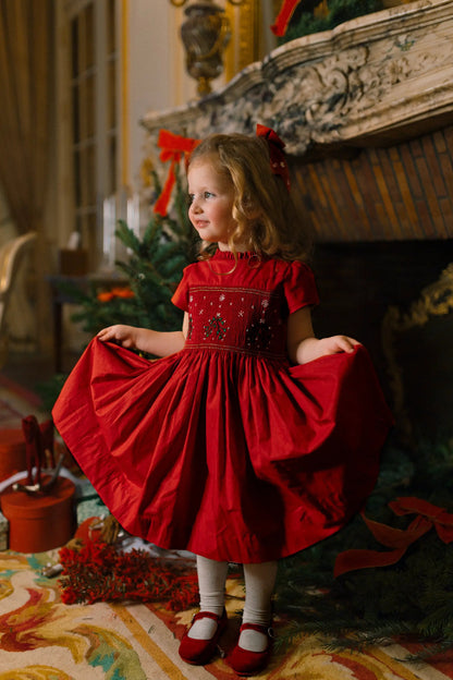 inette Paris Girls Perla Smocked Christmas Dress with Bow Sash - Red by Antoinette Paris