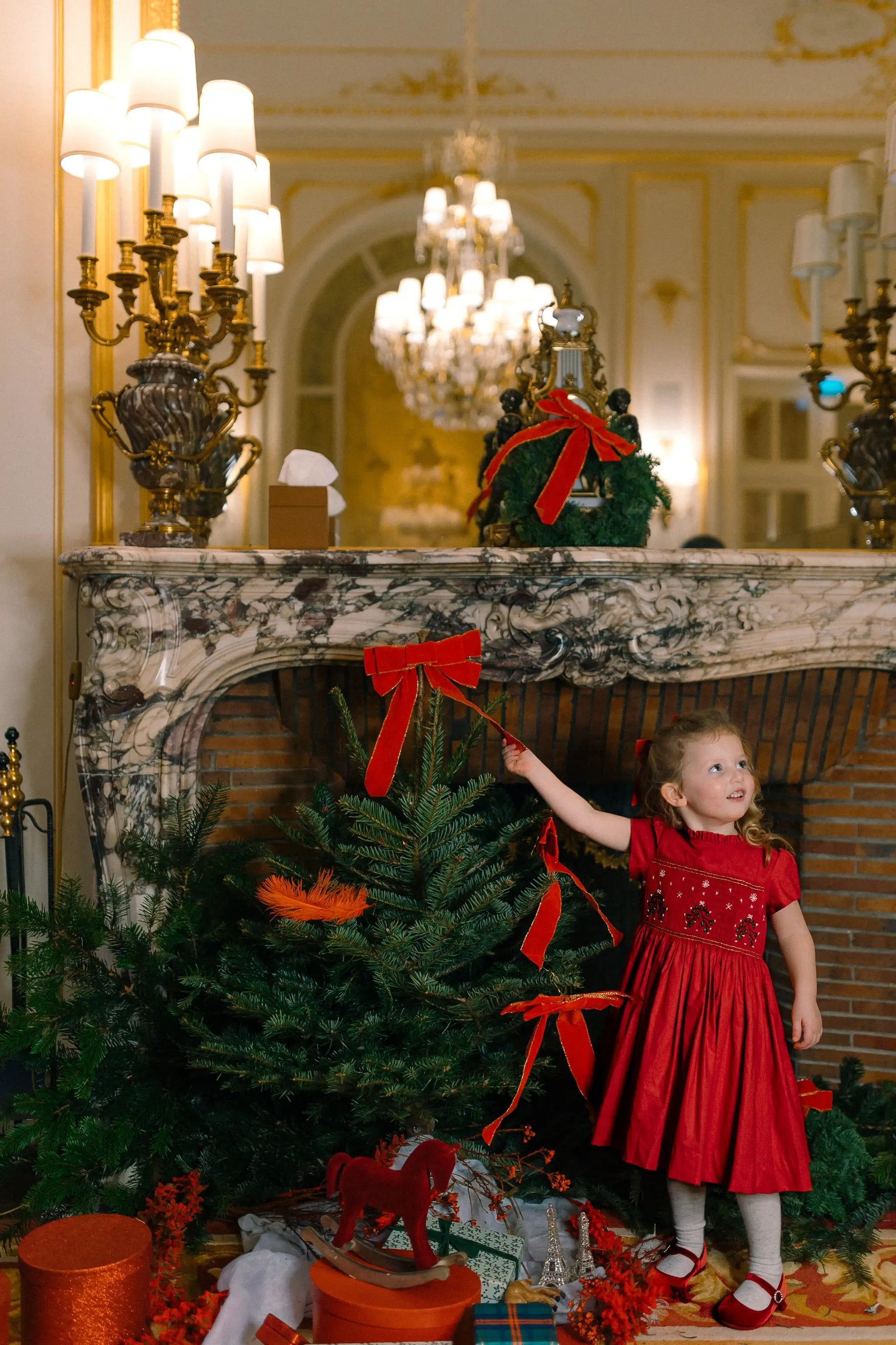 Antoinette Paris Girls Perla Smocked Christmas Dress with Bow Sash - Red