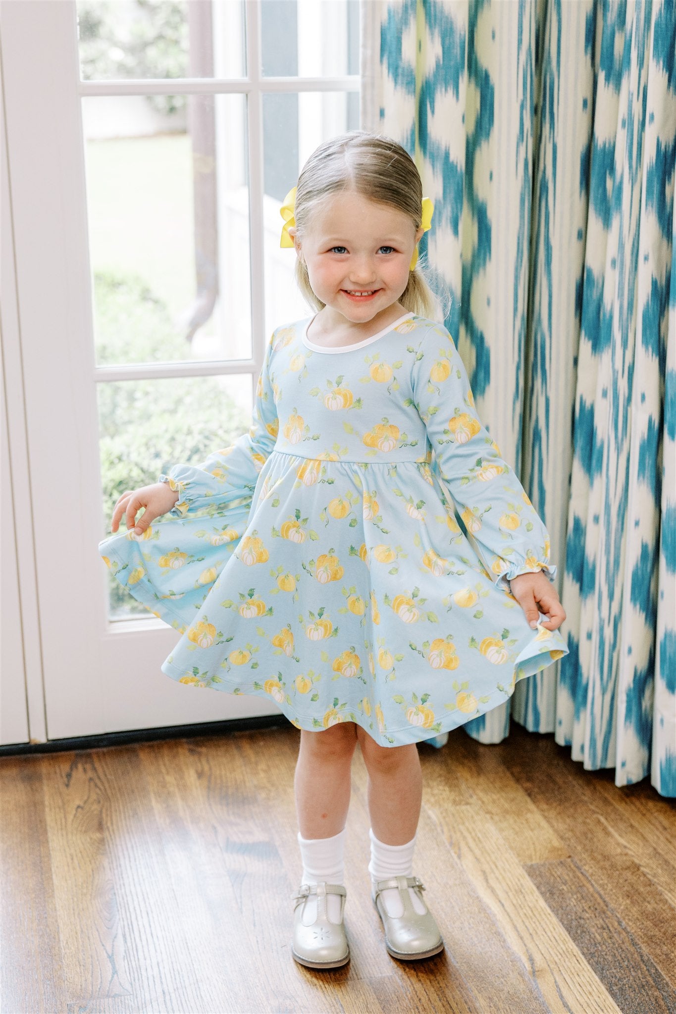 Proper Peony Girls Blue Pumpkin Patch Twirl Dress by Proper Peony