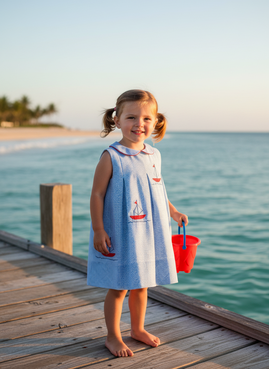 Proper Peony Girls Blue Clipper Sailboats Dress