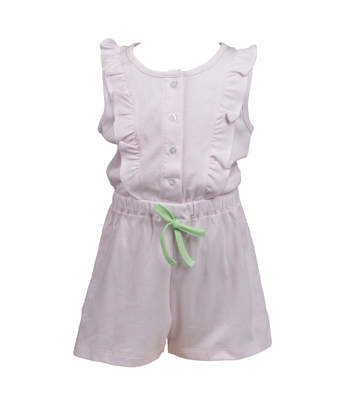 Proper Peony Pima Girls Ruffle Romper - Pink with Green Tie by Proper Peony