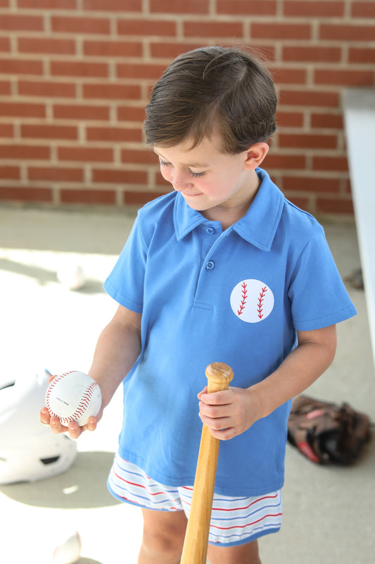 Trotter Street Kids Boys Blue Play Ball Baseball Polo Shirt & Shorts Set by Trotter Street Kids