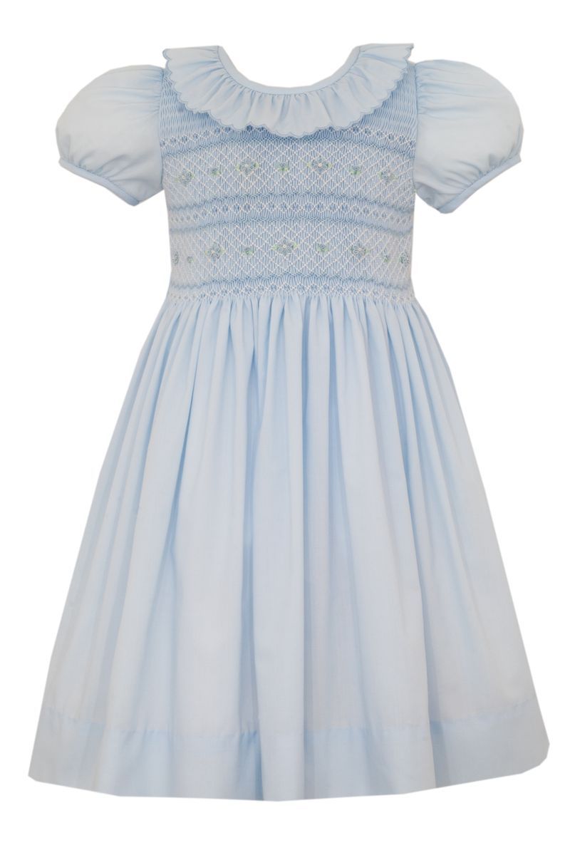 Anavini Couture Girls Blue Swiss Batiste Dress - Scallop Ruffle Collar - Fully Smocked Bodice by Anavini