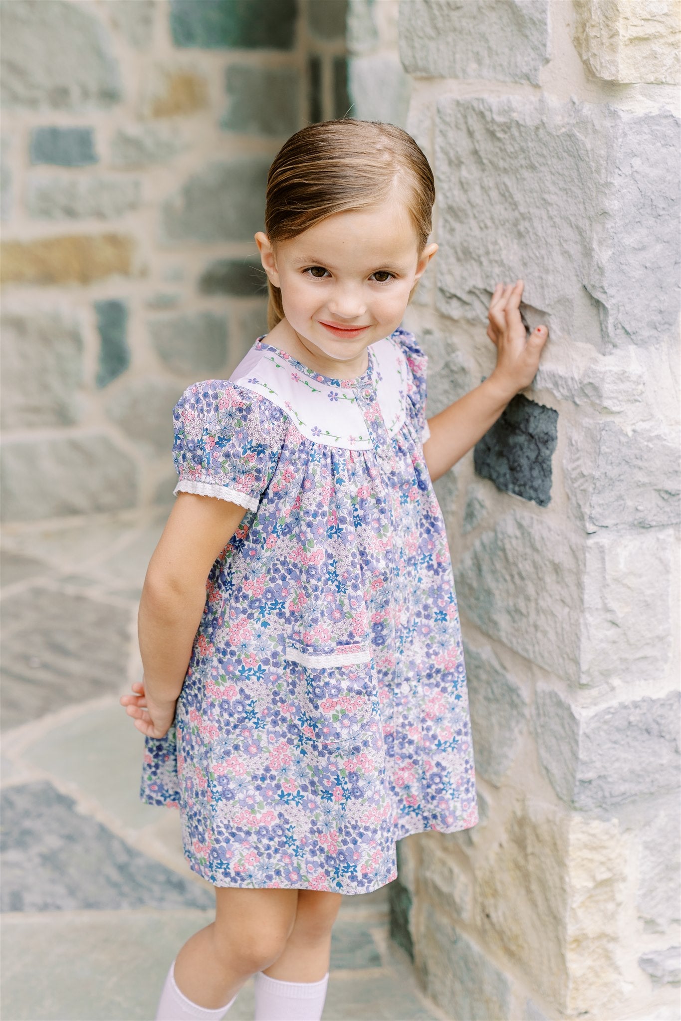 Proper Peony Girls Blue & Pink Floral Prairie Dress