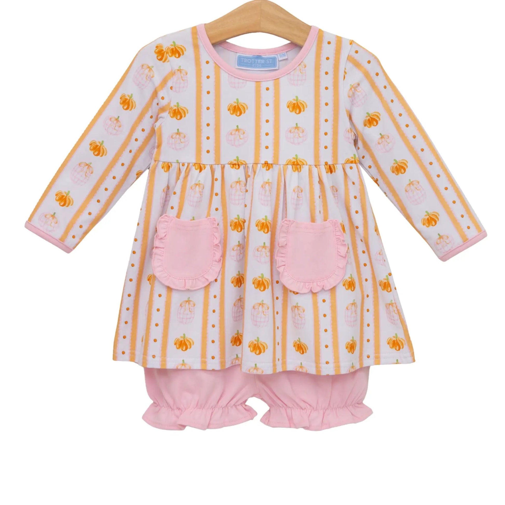 Trotter Street Kids Girls Pink & Orange Pumpkin Patch Ruffle Bloomer Set