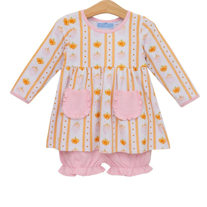 Trotter Street Kids Girls Pink & Orange Pumpkin Patch Ruffle Bloomer Set