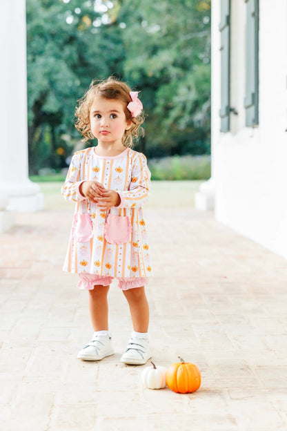 Trotter Street Kids Girls Pink & Orange Pumpkin Patch Ruffle Bloomer Set