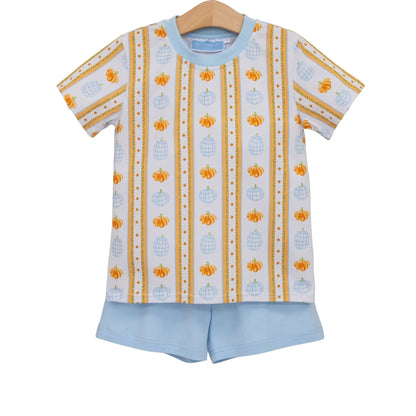 Trotter Street Kids Boys Blue & Orange Pumpkin Patch Short Set