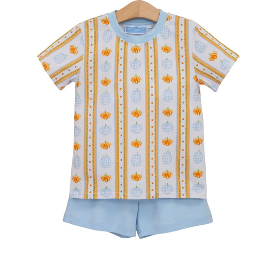 Trotter Street Kids Boys Blue & Orange Pumpkin Patch Short Set