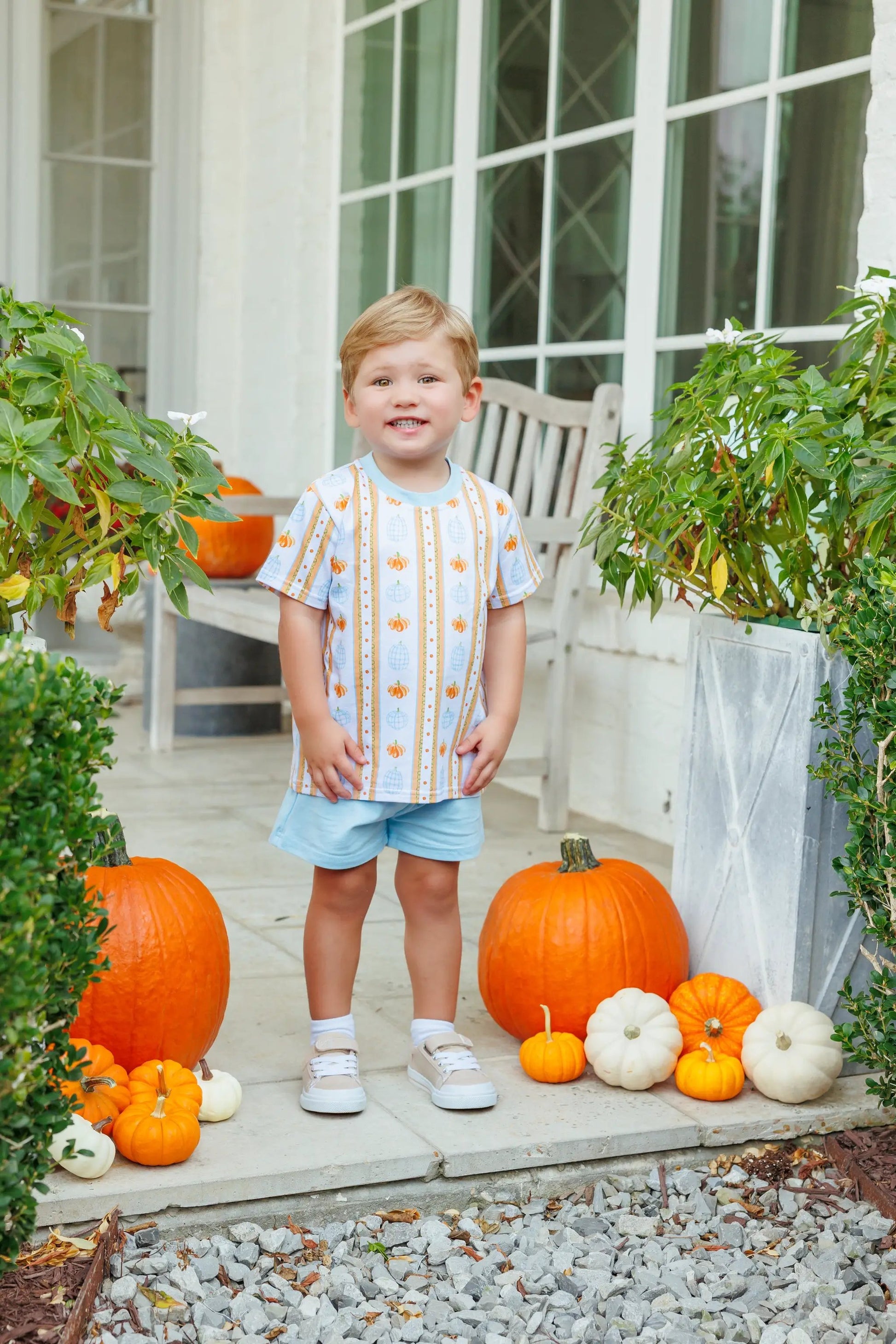 Trotter Street Kids Boys Blue & Orange Pumpkin Patch Short Set