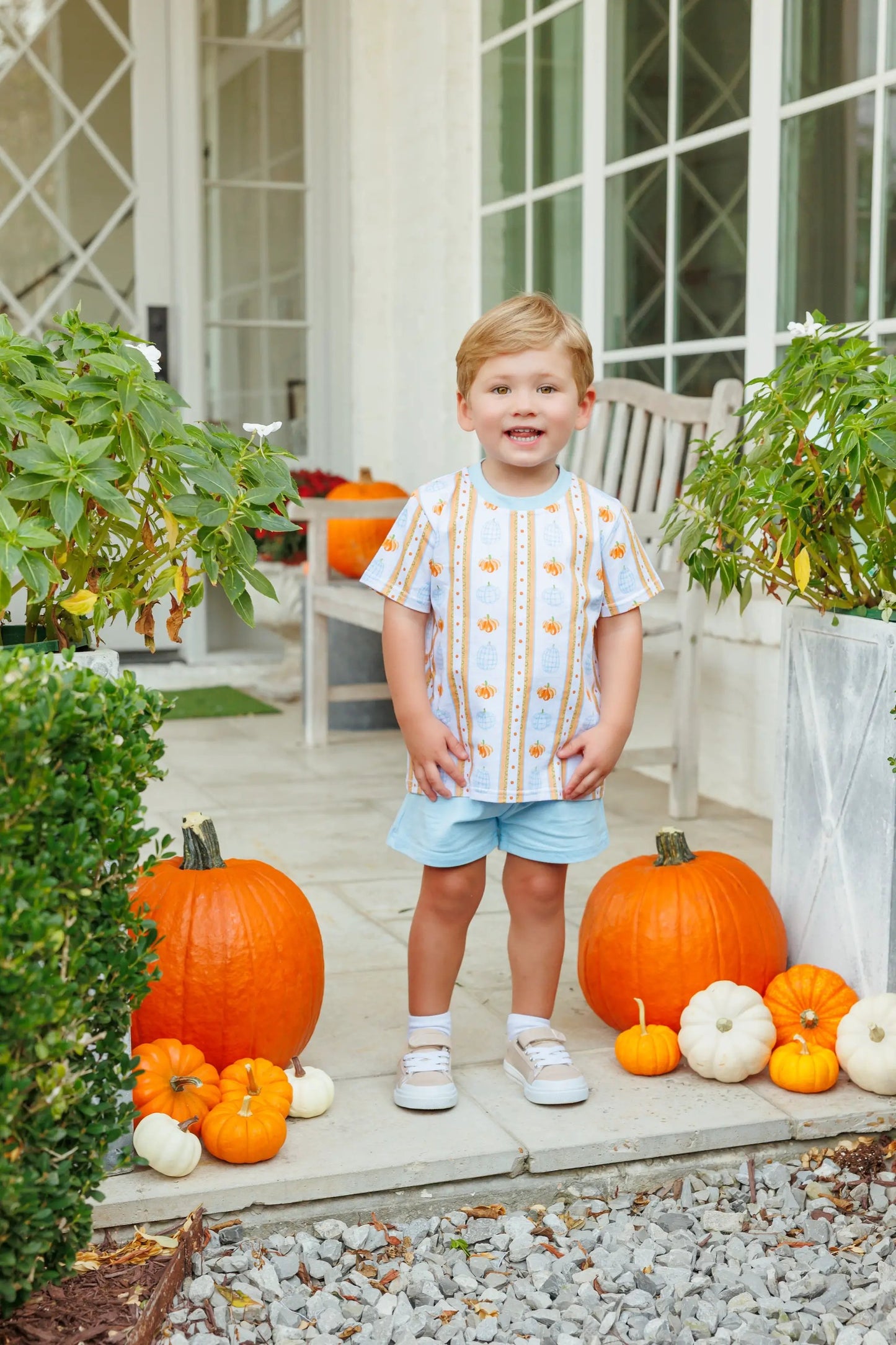 Trotter Street Kids Boys Blue & Orange Pumpkin Patch Short Set