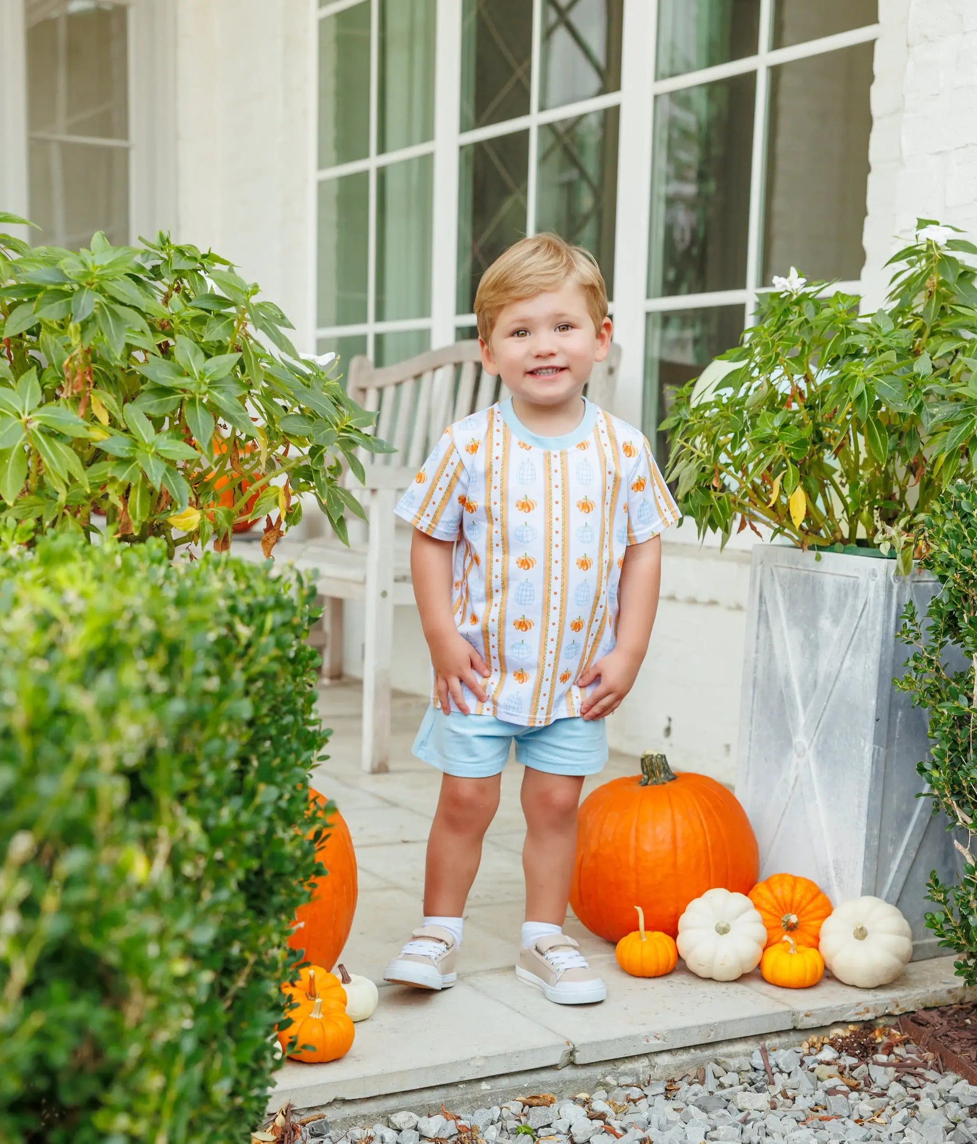 Trotter Street Kids Boys Blue & Orange Pumpkin Patch Short Set