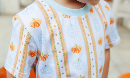 Trotter Street Kids Boys Blue & Orange Pumpkin Patch Short Set