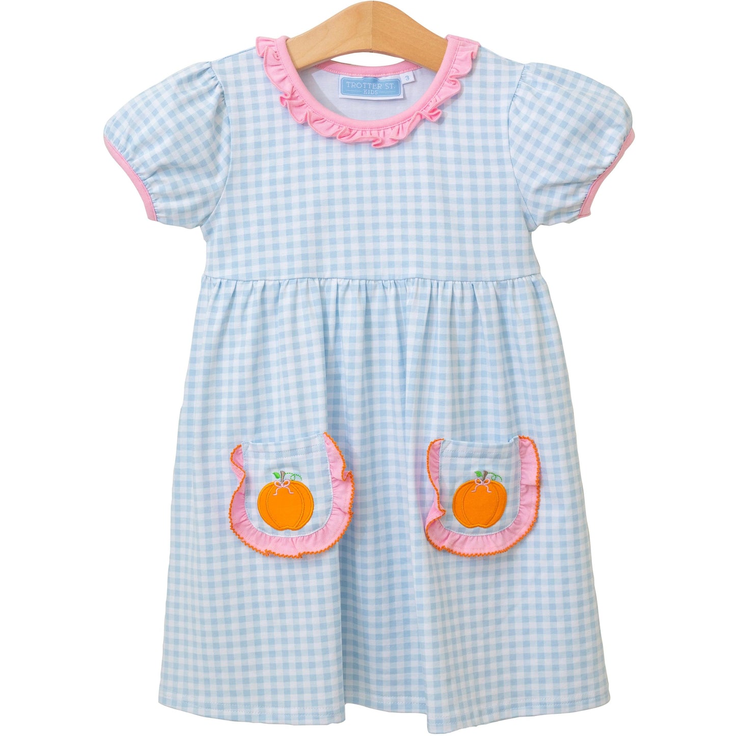 Trotter Street Kids Girls Light Blue Check Dress - Orange Pumpkin Pockets