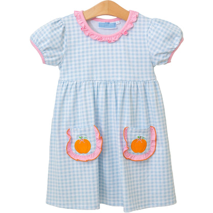 Trotter Street Kids Girls Light Blue Check Dress - Orange Pumpkin Pockets