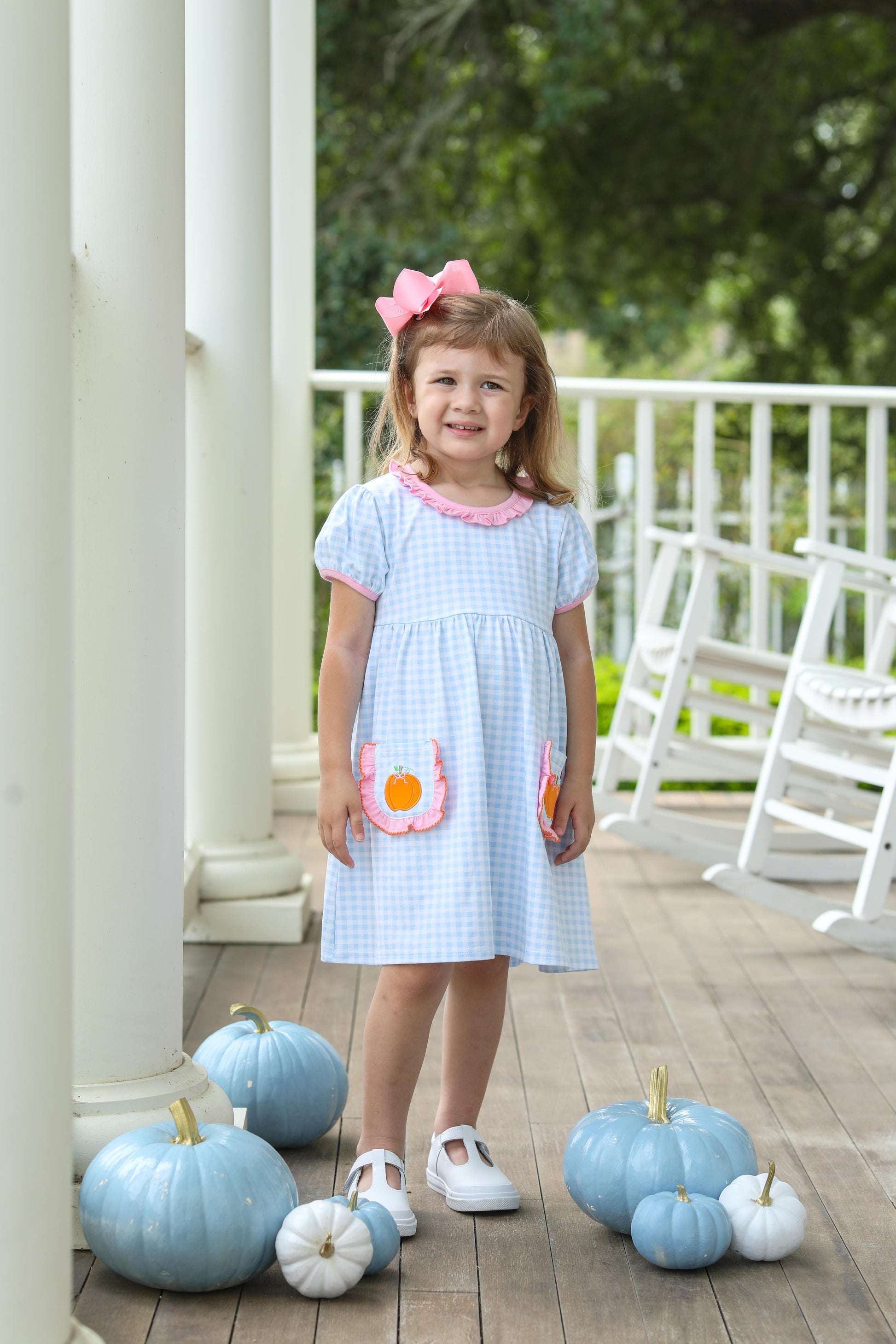 Trotter Street Kids Girls Light Blue Check Dress - Orange Pumpkin Pockets