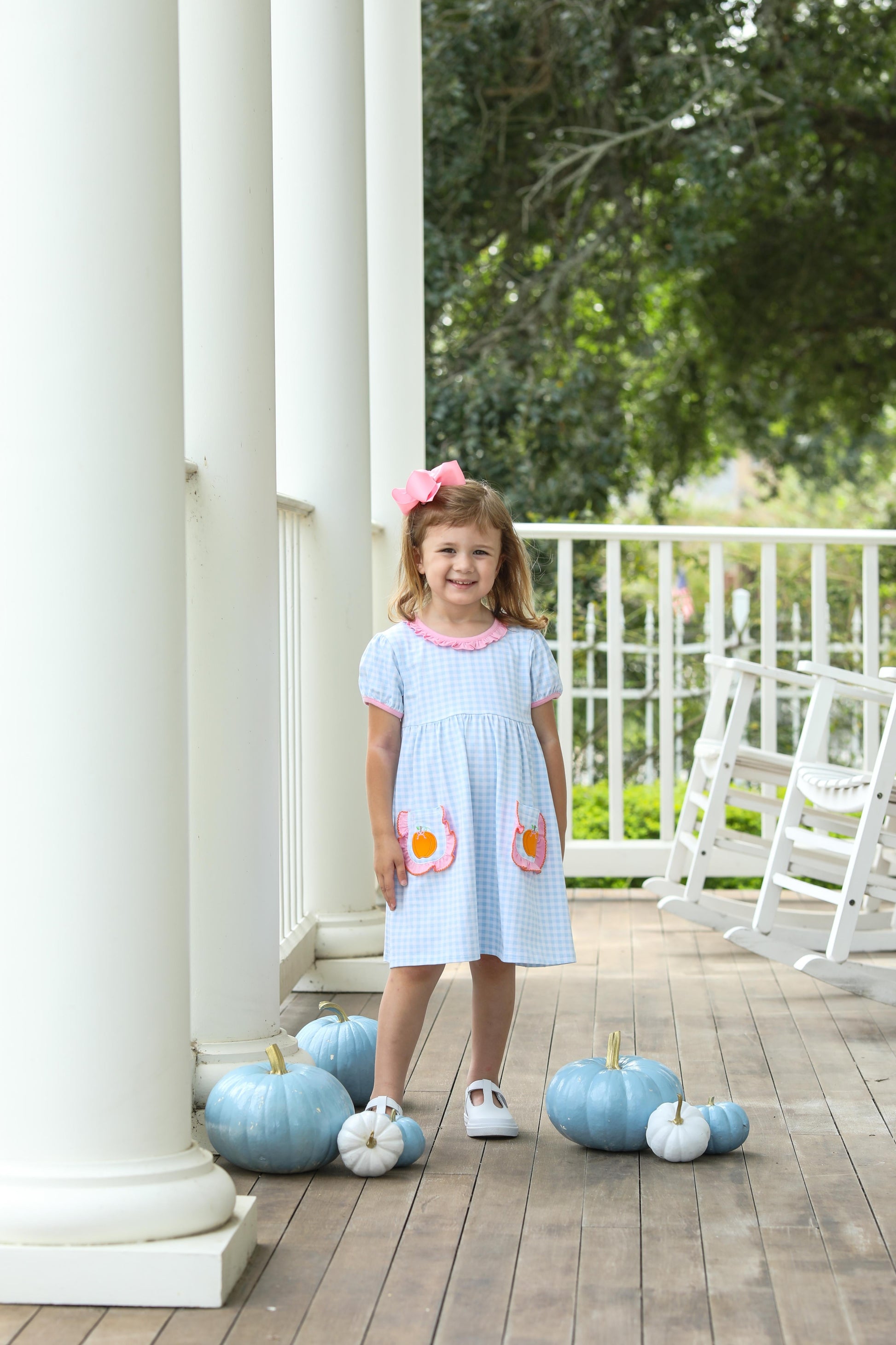 Trotter Street Kids Girls Light Blue Check Dress - Orange Pumpkin Pockets