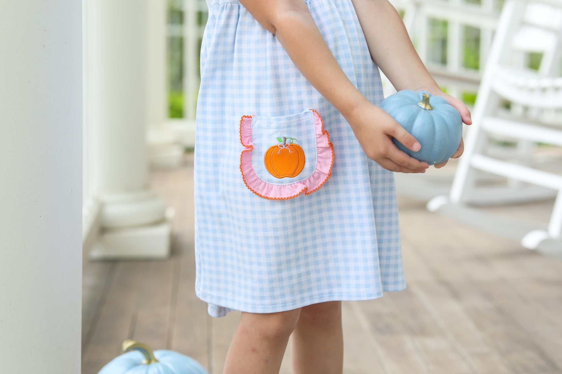 Trotter Street Kids Girls Light Blue Check Dress - Orange Pumpkin Pockets