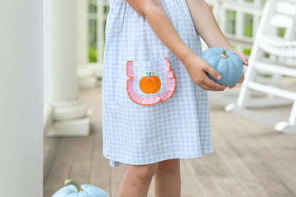 Trotter Street Kids Girls Light Blue Check Dress - Orange Pumpkin Pockets