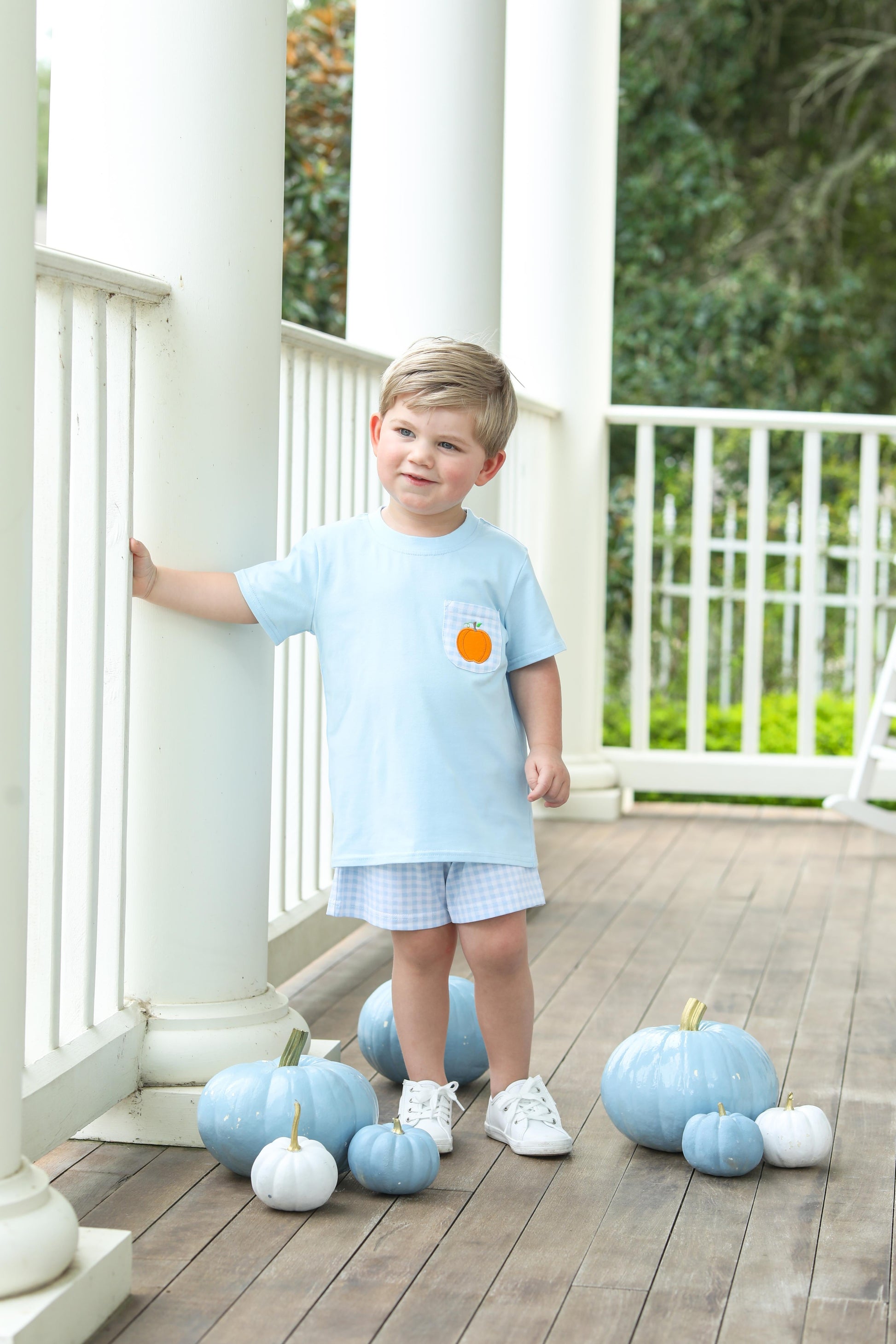 Trotter Street Kids Boys Light Blue Check Shorts with Pumpkin Pocket Shirt