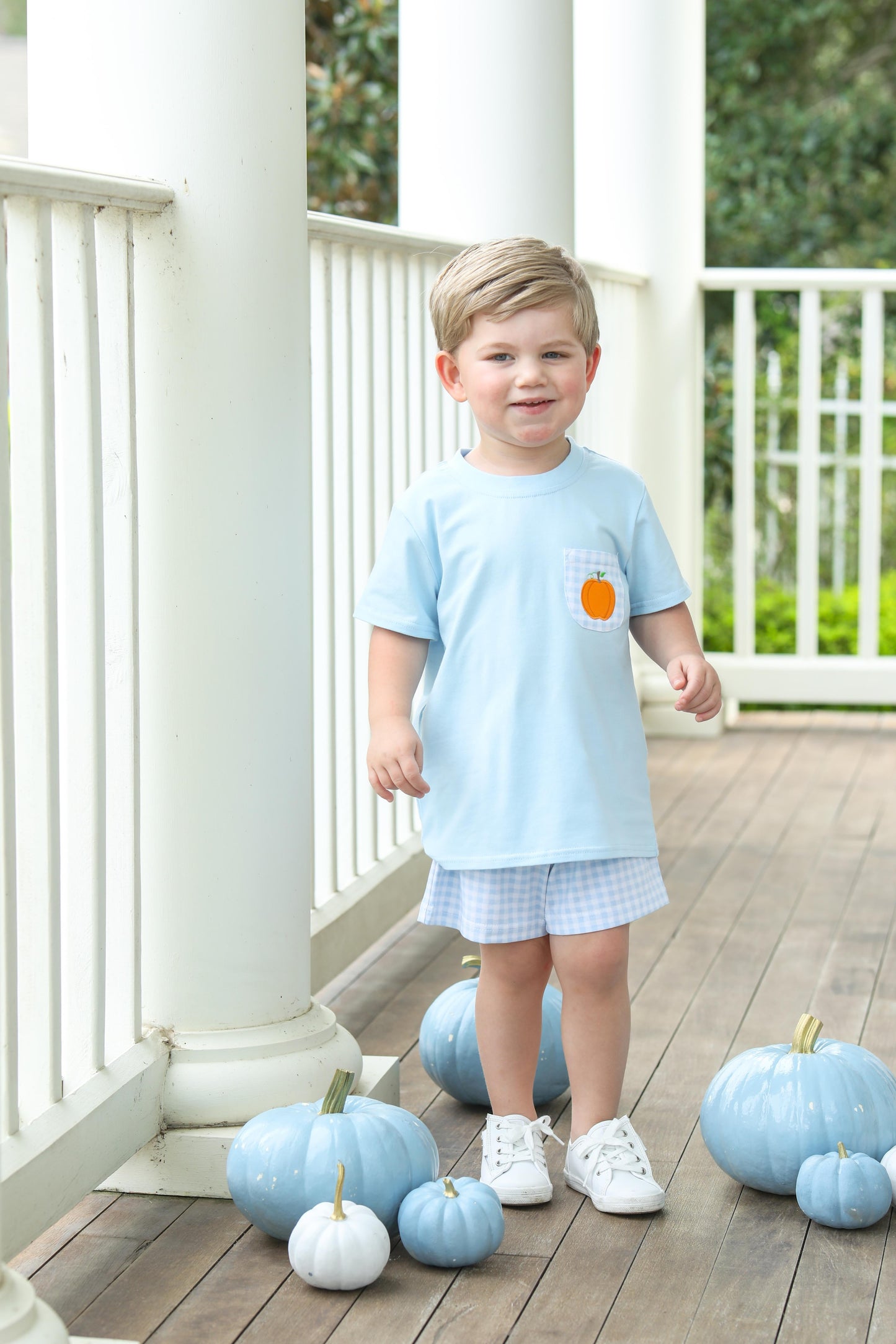 Trotter Street Kids Boys Light Blue Check Shorts with Pumpkin Pocket Shirt