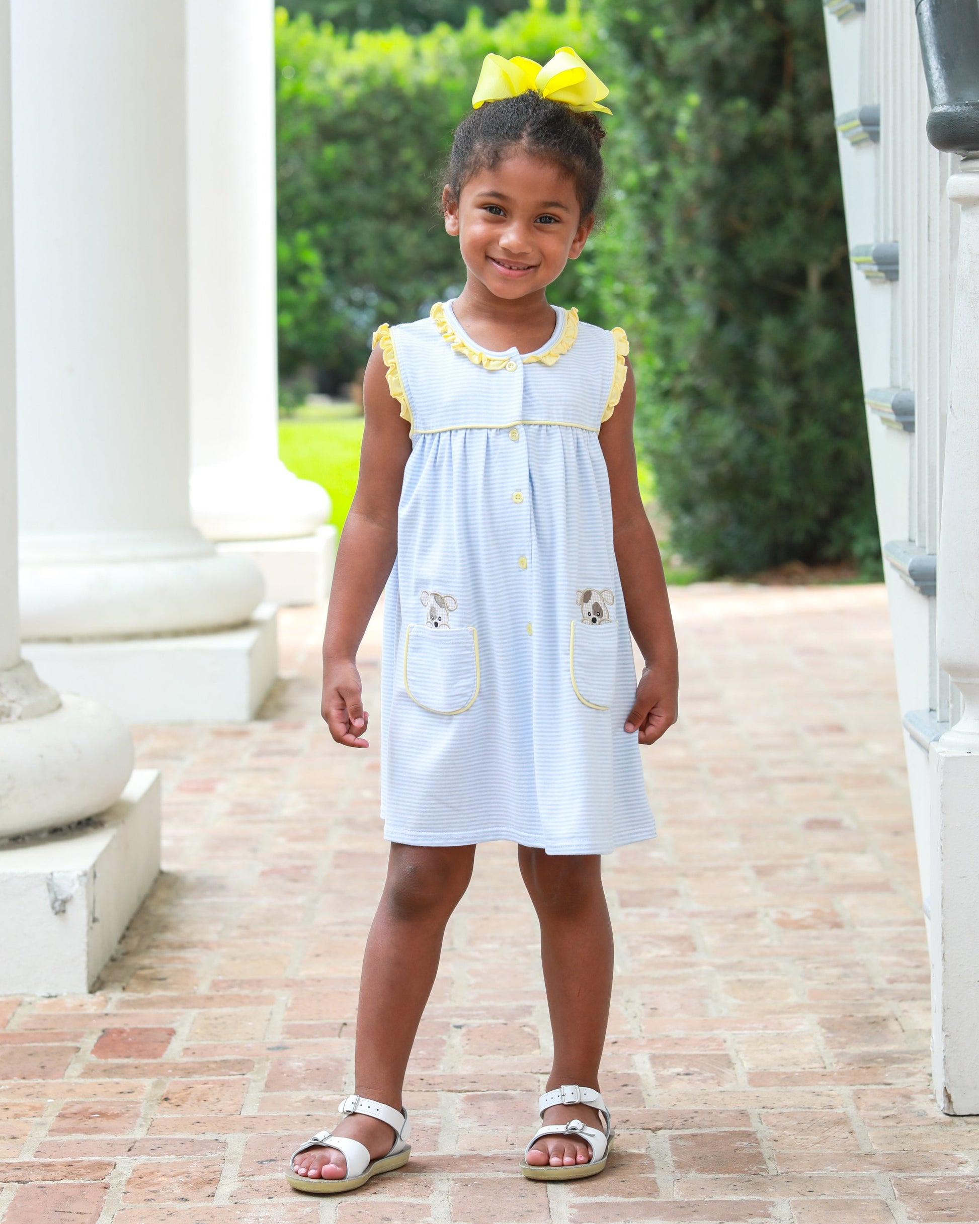 Trotter Street Kids Girls Blue & Yellow Puppy Dog Pocket Dress