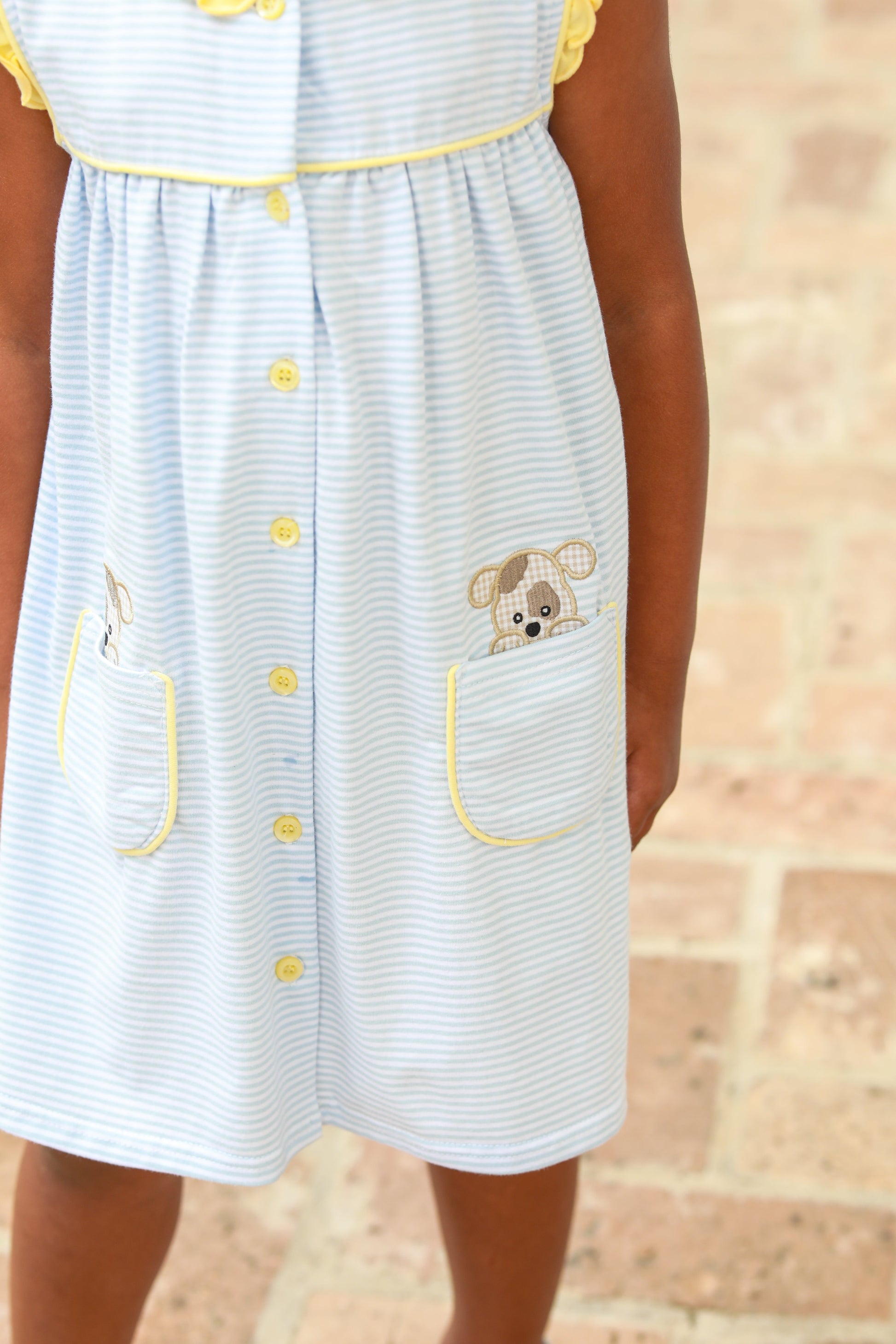 Trotter Street Kids Girls Blue & Yellow Puppy Dog Pocket Dress
