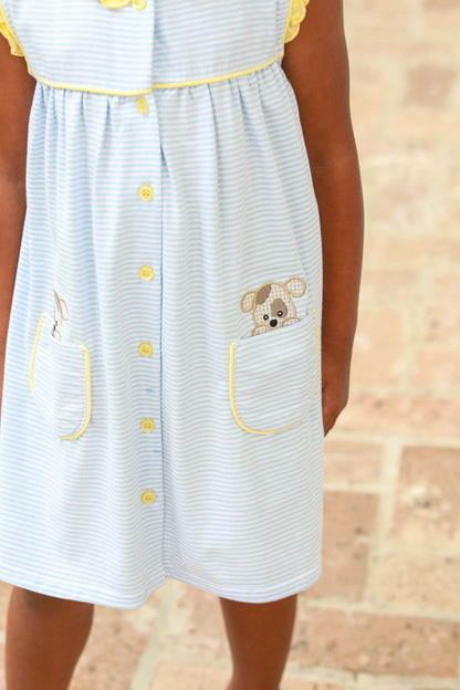 Trotter Street Kids Girls Blue & Yellow Puppy Dog Pocket Dress by Trotter Street Kids