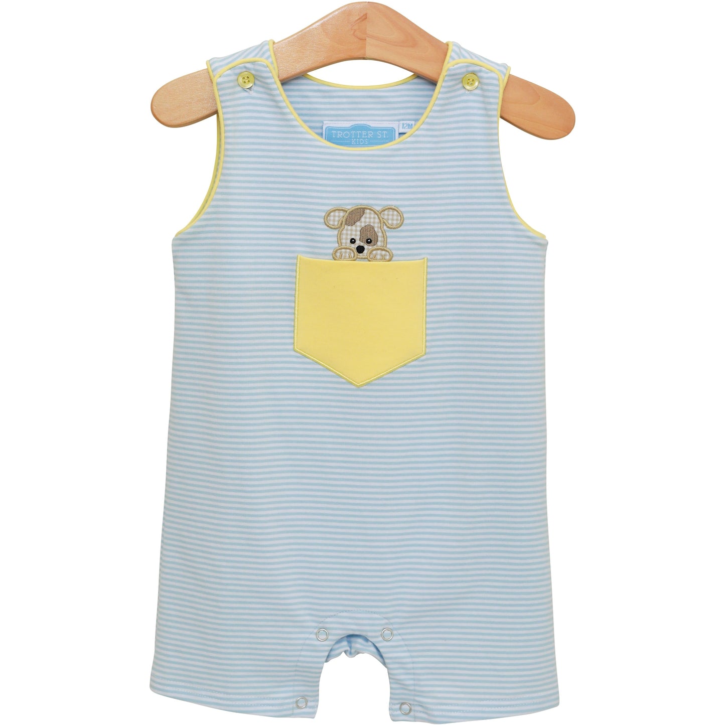 Trotter Street Kids Baby Boys Blue Stripe Puppy Dog in Yellow Pocket Jon Jon by Trotter Street Kids