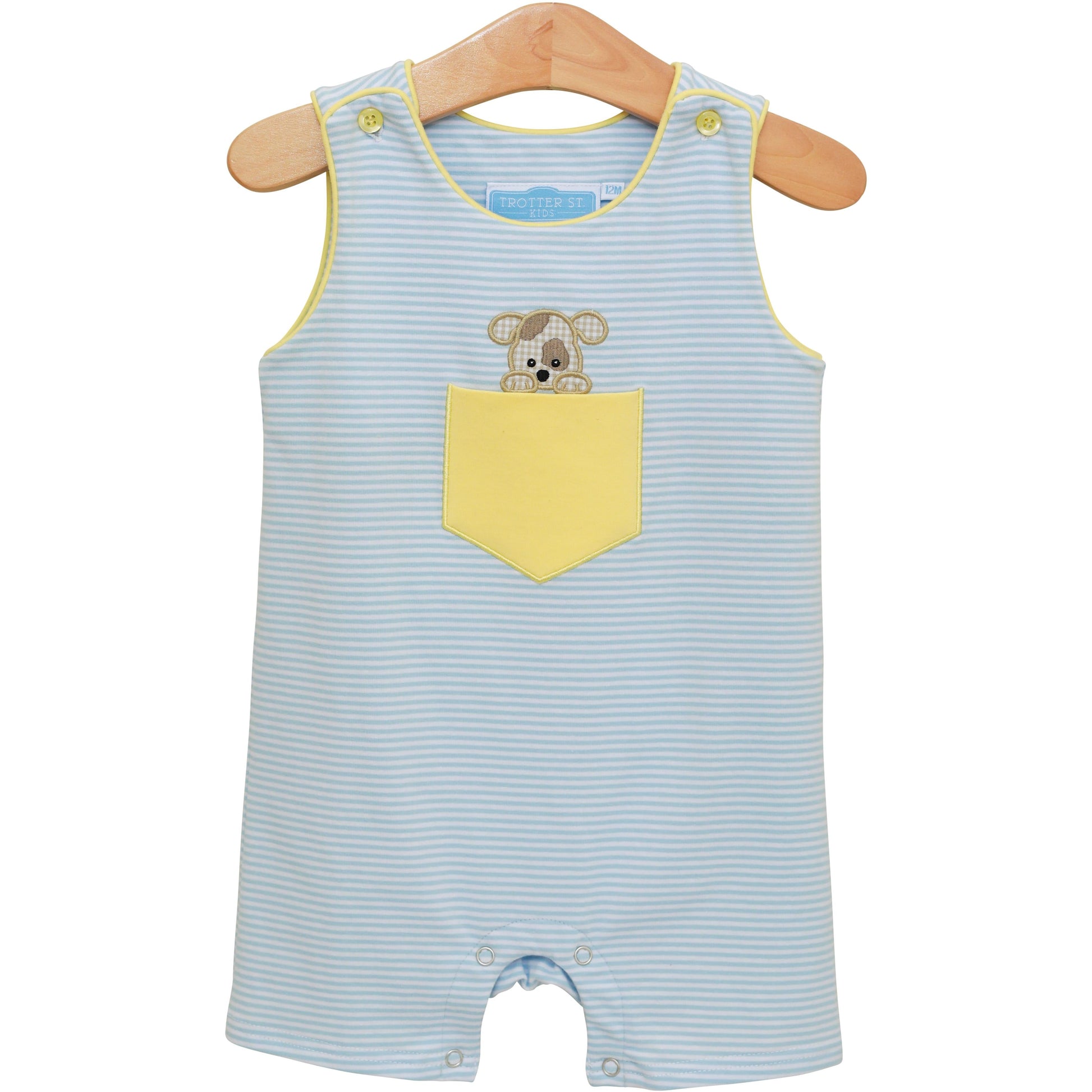 Trotter Street Kids Baby Boys Blue Stripe Puppy Dog in Yellow Pocket Jon Jon