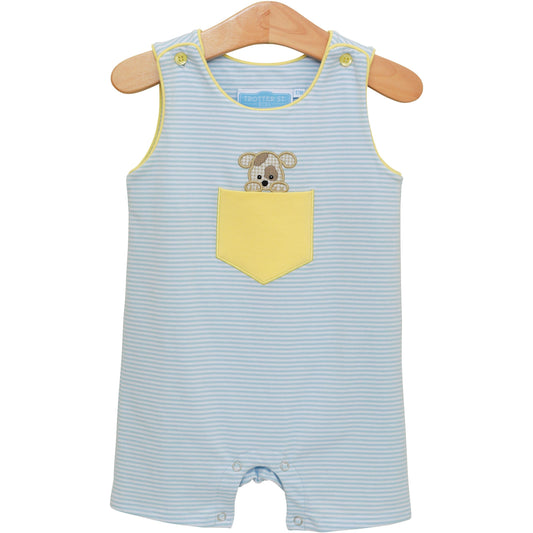 Trotter Street Kids Baby Boys Blue Stripe Puppy Dog in Yellow Pocket Jon Jon by Trotter Street Kids