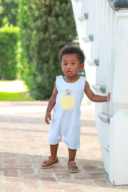 Trotter Street Kids Baby Boys Blue Stripe Puppy Dog in Yellow Pocket Jon Jon by Trotter Street Kids