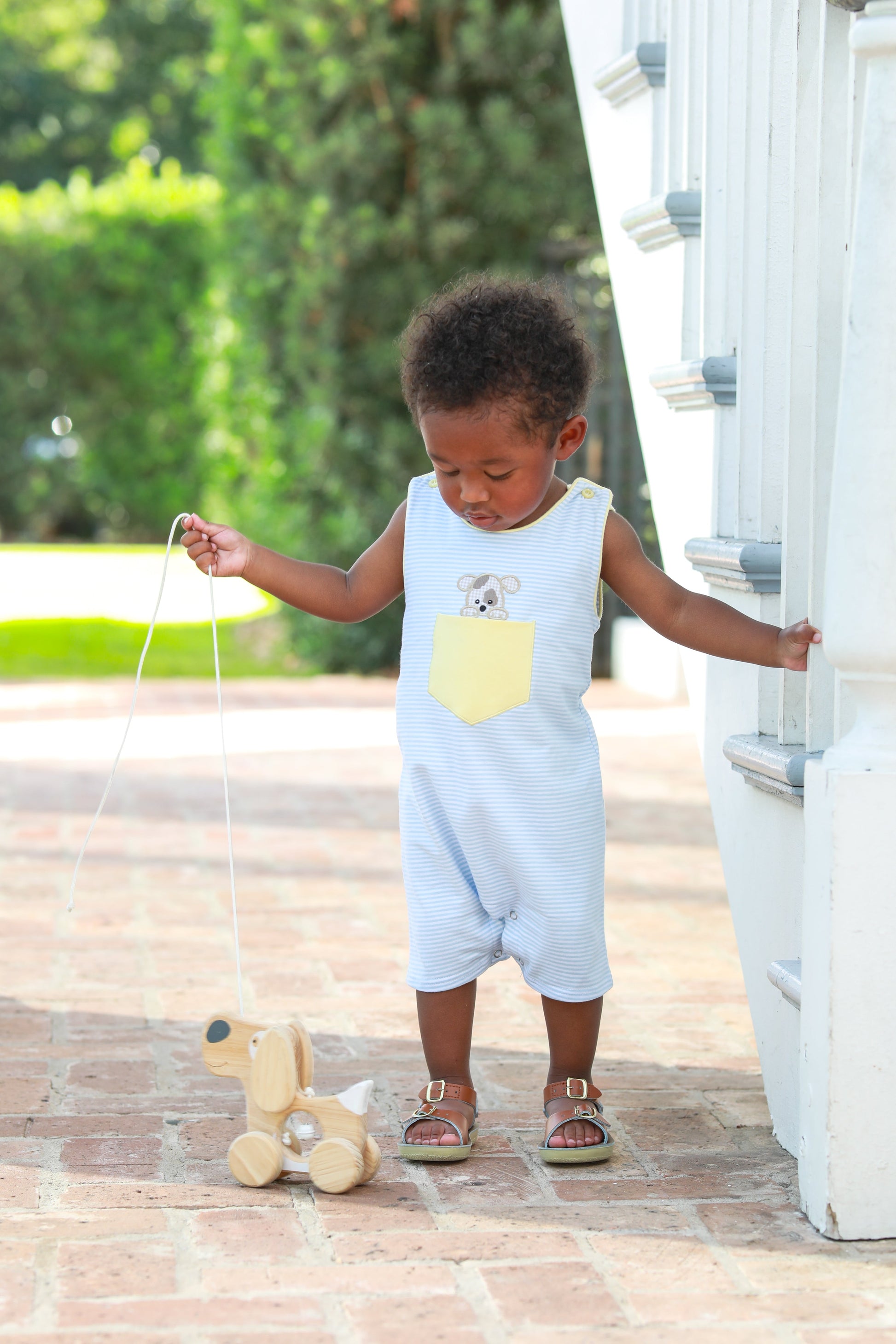 Trotter Street Kids Baby Boys Blue Stripe Puppy Dog in Yellow Pocket Jon Jon