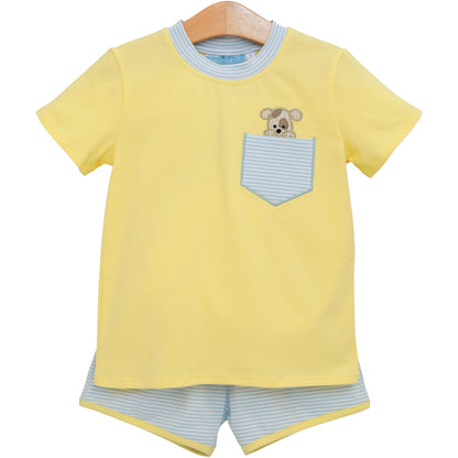 Trotter Street Kids Boys Yellow & Blue Puppy Dog Pocket Short Set by Trotter Street Kids