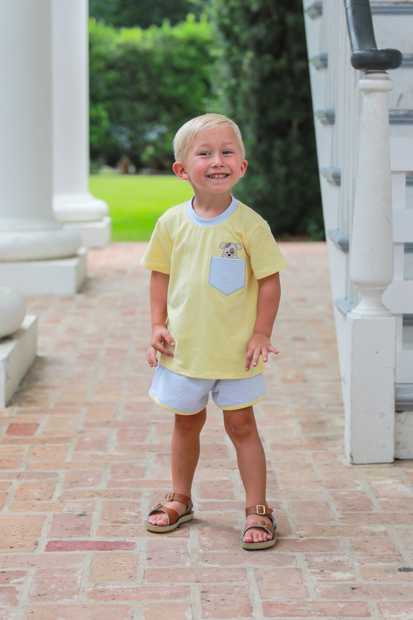 Trotter Street Kids Boys Yellow & Blue Puppy Dog Pocket Short Set by Trotter Street Kids