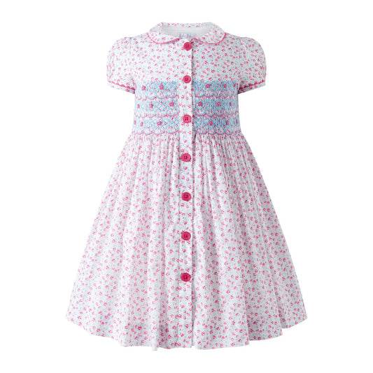 Rachel Riley London Girls Patriotic Floral Smocked Button Front Dress by Rachel Riley