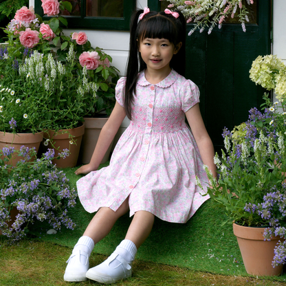 Rachel Riley London Girls Pink Ditsy Blooms Smocked Button Front Dress