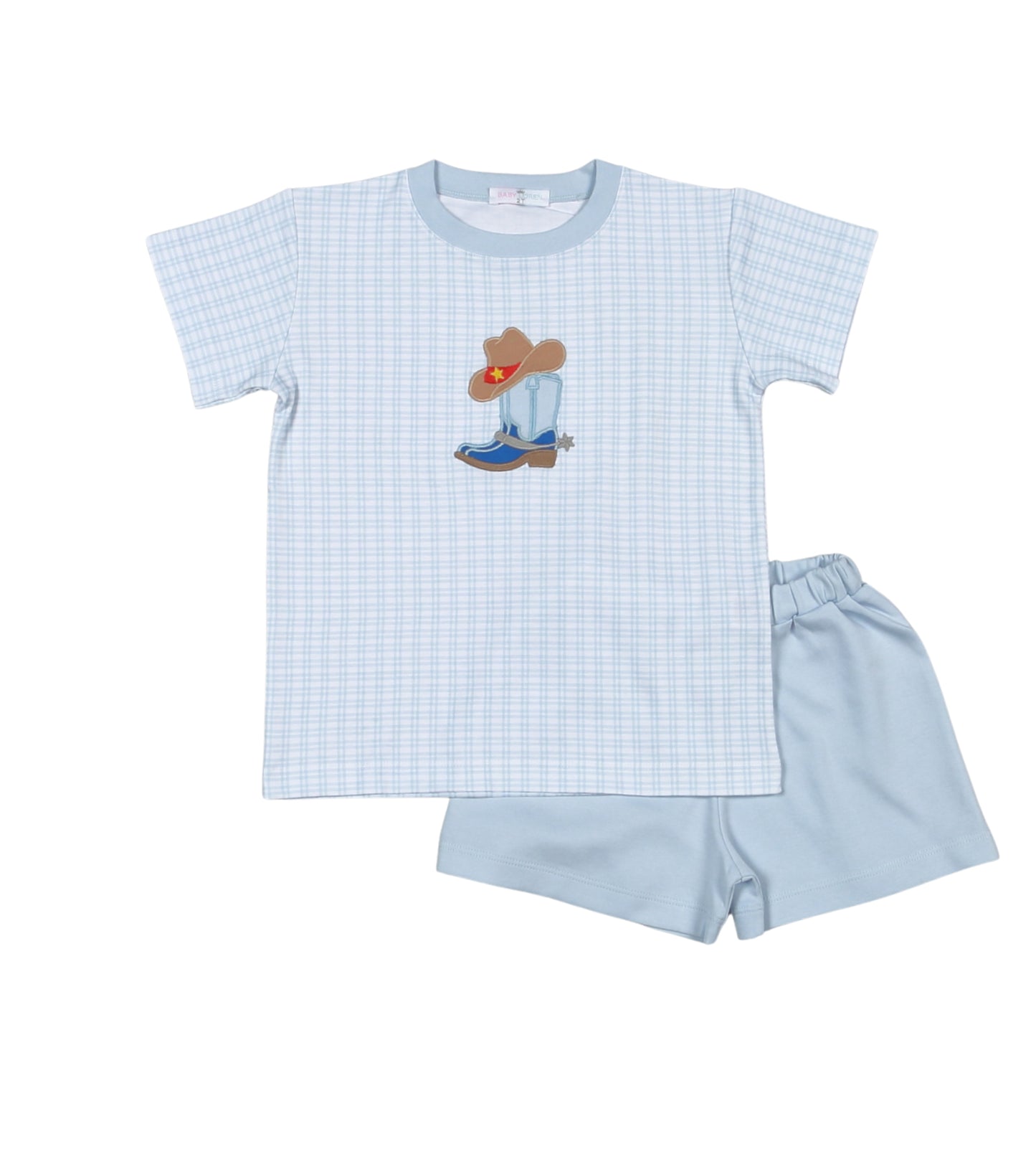 Baby Loren Boys Light Blue Gingham Rodeo Cowboy Boot Shorts Set by Baby Loren