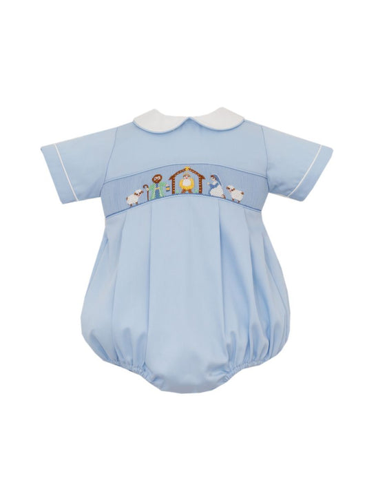 Petit Bebe Boys Blue Pique Holiday Nativity Scene Bubble with White Collar by Petit Bebe