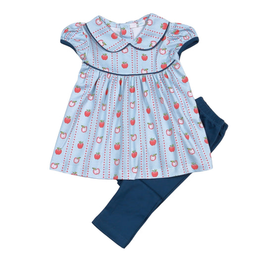 Baby Loren Girls Blue Apple Print Top with Navy Blue Leggings by Baby Loren
