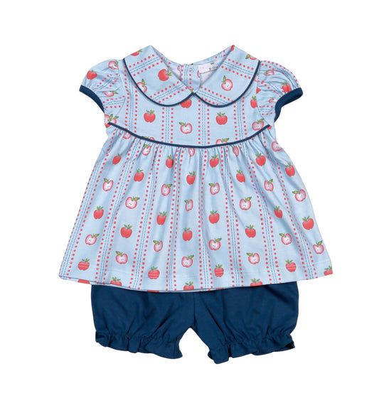 Baby Loren Girls Blue Apple Print Top with Navy Blue Bloomers