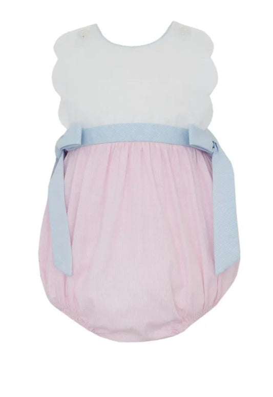 Petit Bebe Girls Pink Check Scalloped Bubble with Light Blue Side Bows by Petit Bebe