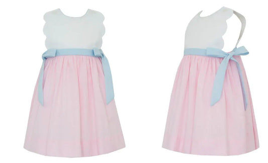 Petit Bebe Girls Pink Check Scalloped Sundress with Light Blue Side Bows by Petit Bebe