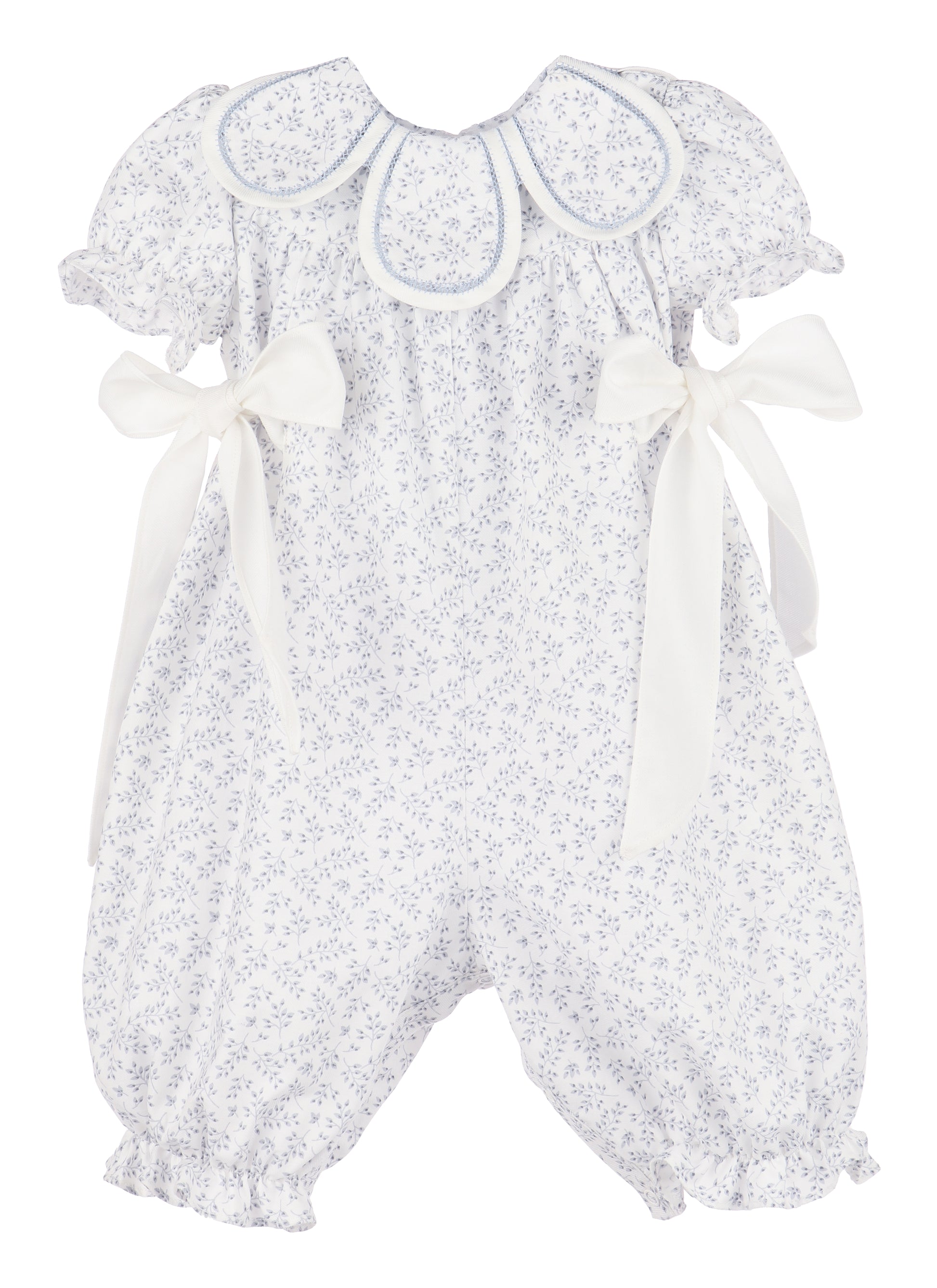 Sophie & Lucas Girls Floral Petal Collar Romper - Side Bows - Blue